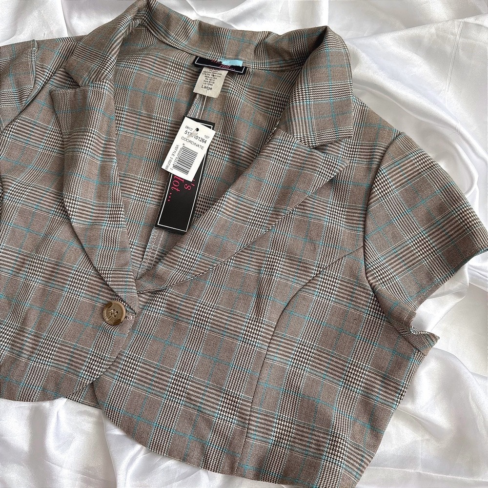 Whats Hot Vintage Cropped Plaid Blazer Top Brown Blue Short Sleeve Large NWT
